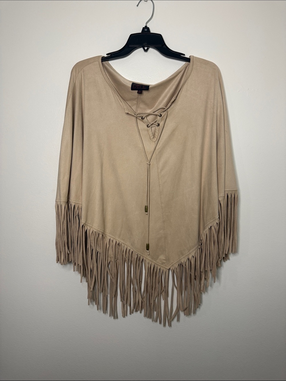 Lace-Up Fringe Poncho Sweater in Beige